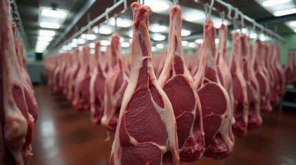 The Hanging Beef Carcasses in an Industrial Cold Room Meat Processing Facility