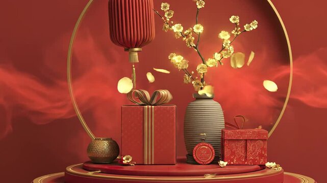 A still life of a red lantern gift boxes and a vase of golden blossoms on a red platform framed by a gold ring and surrounded by red smoke