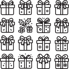 Outline gift box icons set. presents with bows for various celebration and holiday events.