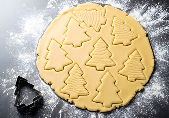 Christmas tree cookie cutouts in raw dough on floured baking surface