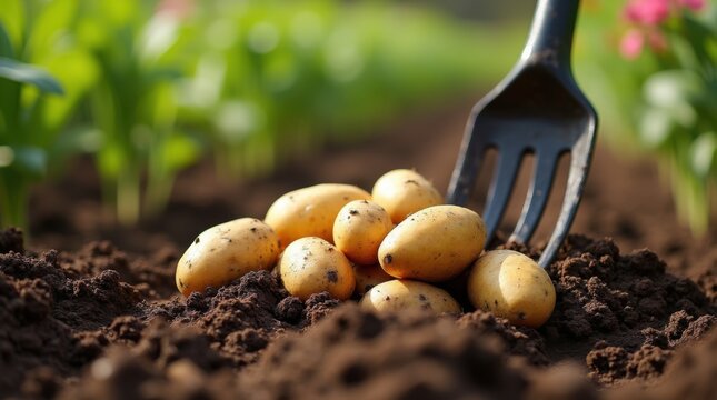 The Potatoes Freshly Dug From Rich Soil Beside A Garden Pitchfork In Sunlight 