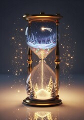 New Year's Eve in an hourglass against a neutral background. Time slips away, like the fleeting eve of a festive New Year's Eve, smoothly flowing second by second into a new sunny day full of hope