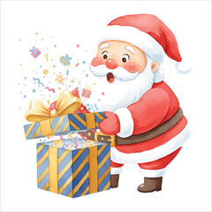 Watercolor Santa Claus Opening Sparkling Gift Box Christmas Illustration
