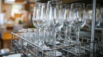 The wine glasses in a stainless steel dishwasher rack sparkling after a thorough wash 
