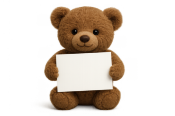 Brown teddy bear holding blank white sign, toy plush showing empty message card with copy space on transparent background