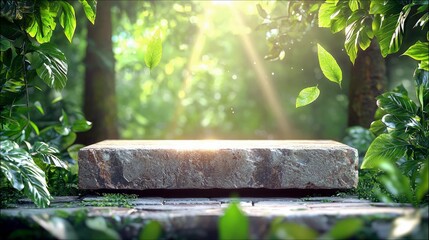 Naklejka premium A stone slab rests on a path surrounded by lush green foliage, bathed in soft sunlight filtering through trees.
