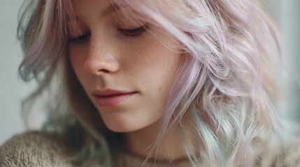 Naklejka premium Close-up portrait of a young woman's face. she has blonde hair that is styled in loose waves and falls over her shoulders. her eyes are closed and her expression is peaceful and serene.