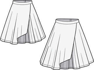 Fashion sketch, asymmetrical skirt, A-line silhouette, layered design, garment construction, sewing pattern, stylish drape, apparel illustration, textile concept, couture