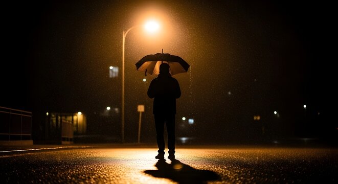 Man with umbrella in the rain at night street - Powered by Adobe