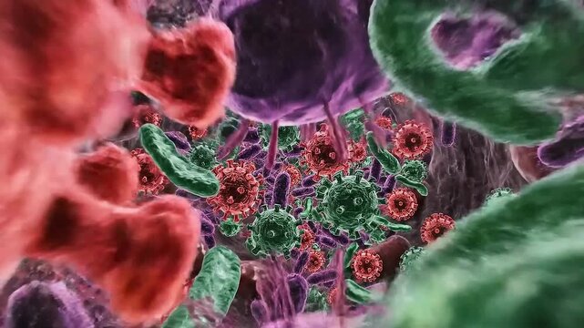 A stylized microscopic rendering of various pathogens including red spiky spherical viruses and purple and green rod-shaped bacteria in a dense cluster