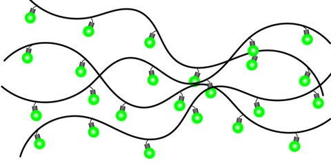 A tangled string of festive green Christmas lights on a white background.