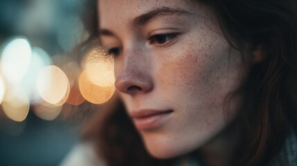 Close-up portrait of a young woman's face. she has shoulder-length dark hair and freckles on her face. her eyes are closed and her expression is peaceful and serene.