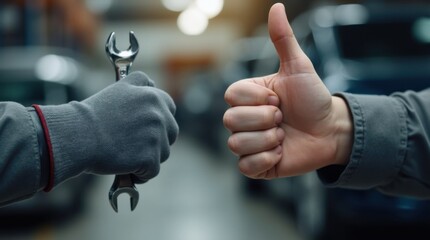 The Wrench and Mechanic's Thumbs Up in a Busy Auto Repair Shop 

