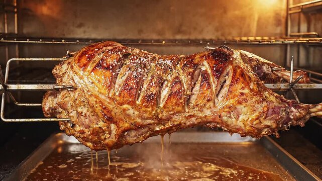 Cordero asado Spanish lamb cooking overhead roasting cinematic