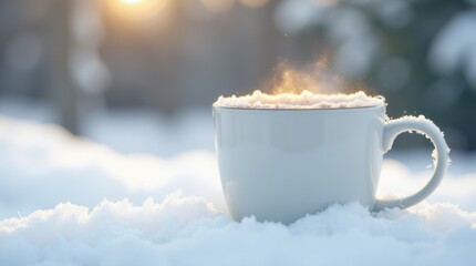 White mug filled with hot cocoa on snowy ground with blurred winter background. Cozy seasonal concept of holiday warmth, comfort, and festive drink outdoors.