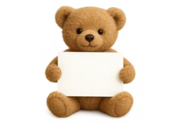 Teddy bear holding a blank white sign, ready for custom text. Brown stuffed animal presenting empty card on transparent background