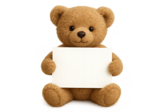 Teddy bear holding a blank white sign, ready for custom text. Brown stuffed animal presenting empty card on transparent background