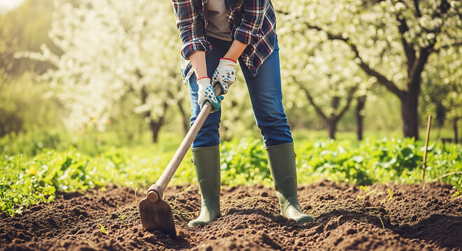 Gardener tending to a bountiful spring garden with a hoe, preparing the soil for new growth and cultivation on a sunny day