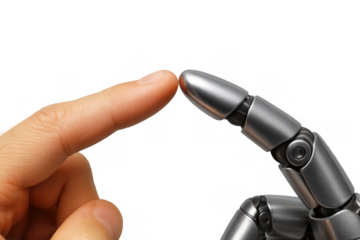 Human finger touching robot hand, symbolizing artificial intelligence connection, future technology partnership