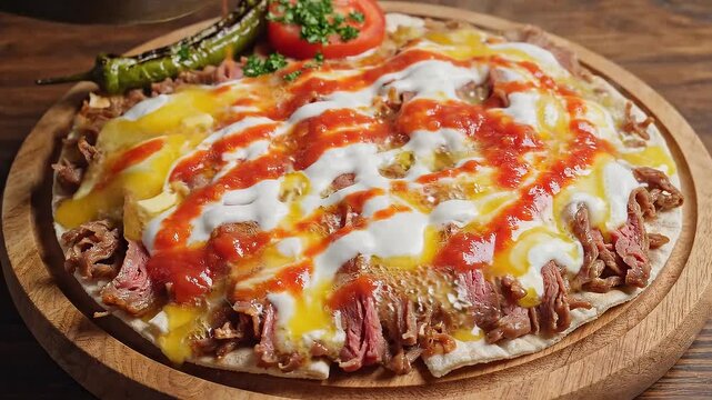 Iskender kebap Turkish doner overhead assembly sauce drizzling