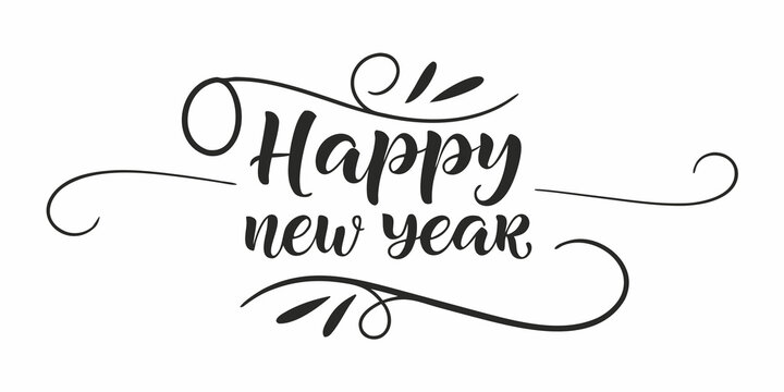 A stylish cursive **"Happy new year"** message framed by decorative swirls and flourishes, creating a festive, celebratory design.