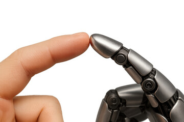 Fototapeta premium Human finger touching robotic finger, symbolizing connection between people and artificial intelligence, future technology concepts