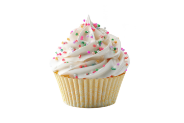 A delightful vanilla cupcake topped with fluffy white frosting and colorful spherical sprinkles on black