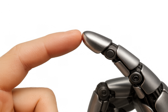 Human finger touching robotic finger, symbolizing connection between people and artificial intelligence, future technology concepts