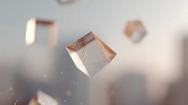 Group of small, triangular objects flying in the air. the objects appear to be made of glass or a similar material and are of different sizes and shapes.