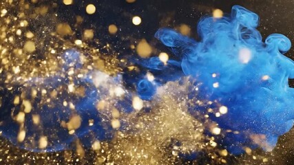 A swirling plume of blue ink expands through a dark liquid speckled with gold and white glitter - Powered by Adobe
