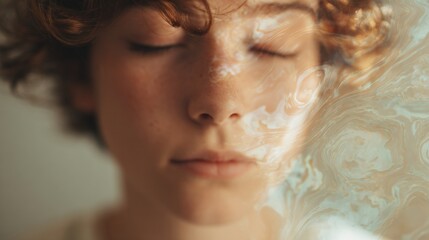 Close-up portrait of a young woman's face. she has curly brown hair and her eyes are closed, as if she is sleeping. the background is blurred, but it appears to be a soft, dreamy color.