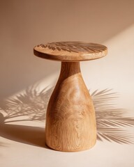 Light Brown Round Wooden Accent Table With Palm Shadow