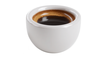 A minimalist white ceramic cup holds rich dark espresso coffee with a creamy golden brown crema, beautifully isolated