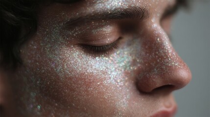 Close-up of a person's face, with their eyes closed. the person appears to be in a peaceful and serene state, with a slight smile on their lips.