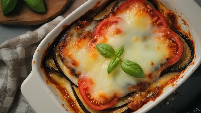 Parmigiana napoletana Italian eggplant overhead layers cinematic