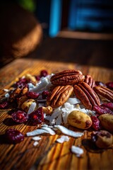 Assorted Nuts And Dried Cranberries On Wooden Board