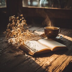 Warm Sunlight On Open Book And Tea Cup With Dried Flowers