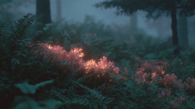 Close-up of a forest floor covered in ferns and other plants. the background is blurred, but it appears to be a foggy or misty forest with tall trees.