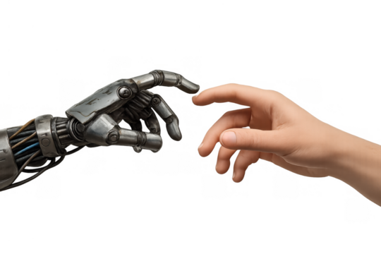 Robot and human hands reaching, symbolizing ai connection, future technology, digital interaction, artificial intelligence and humanity