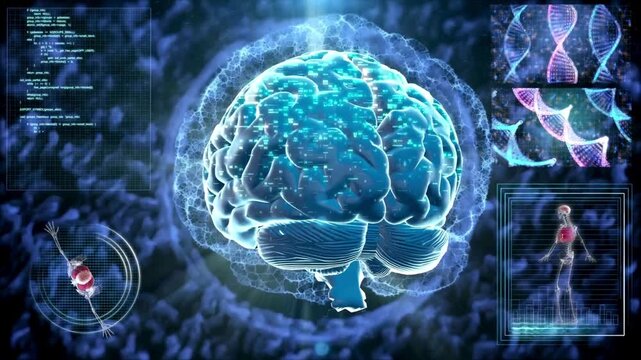 3D futuristic medical animation of glowing digital brain with HUD interface showing DNA and data for neurology and artificial intelligence healthcare technology - Powered by Adobe