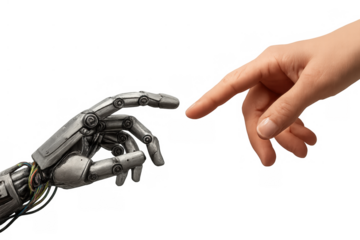 Human hand reaching out to robot hand, symbolizing artificial intelligence connection, future technology development