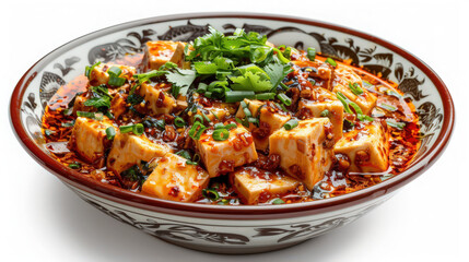 mapo tofu in a bowl on white background