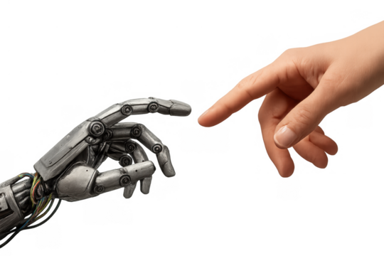 Human hand reaching out to robot hand, symbolizing artificial intelligence connection, future technology development - Powered by Adobe