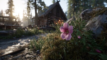 Pink Flower Near Wooden Cabin In Forest At Sunrise