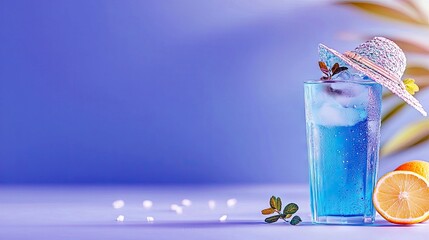 A tall glass of vibrant blue cocktail with ice, garnished with a small straw hat and mint leaves, next to a sliced lemon on a purple background.