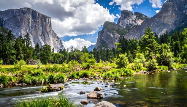 Yosemite Valleys Serene Beauty - A Landscape of Majestic Mountains and Lush Greenery.
