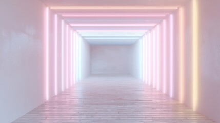 Long, narrow corridor with a tiled floor. the walls on either side of the corridor are painted white, and the floor is made of light-colored tiles.