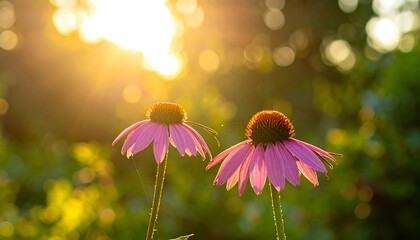Two Echinacea flowers bathed in golden sunset light.