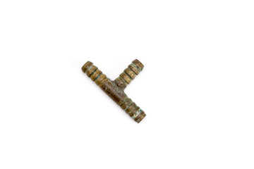 Rusty Brass Pipe Connector Isolated on White Background