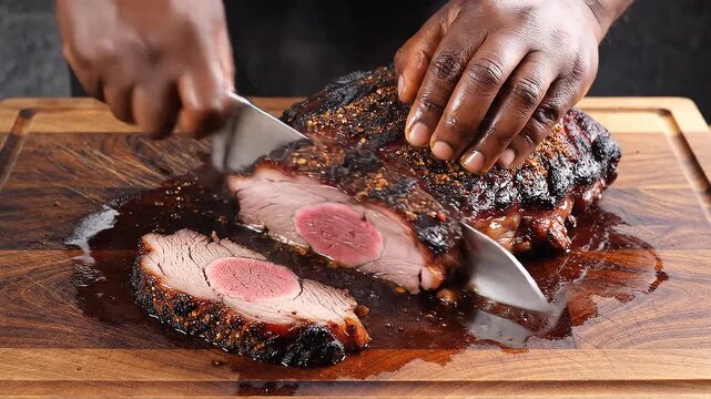 Texas barbecue brisket overhead slicing knife cutting smoke